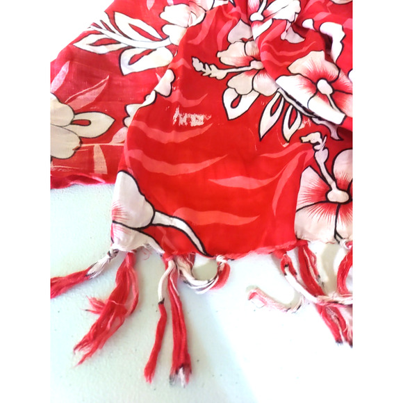 Hawaiian Scarf Rectangle 56 X 20 Red White Pink Hibiscus Tassel - Picture 4 of 9